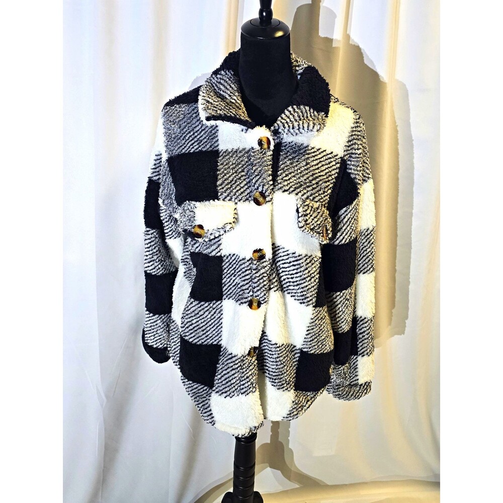 Women's Black/White Plaid Shacket Jacket Button Front Collared Pockets L